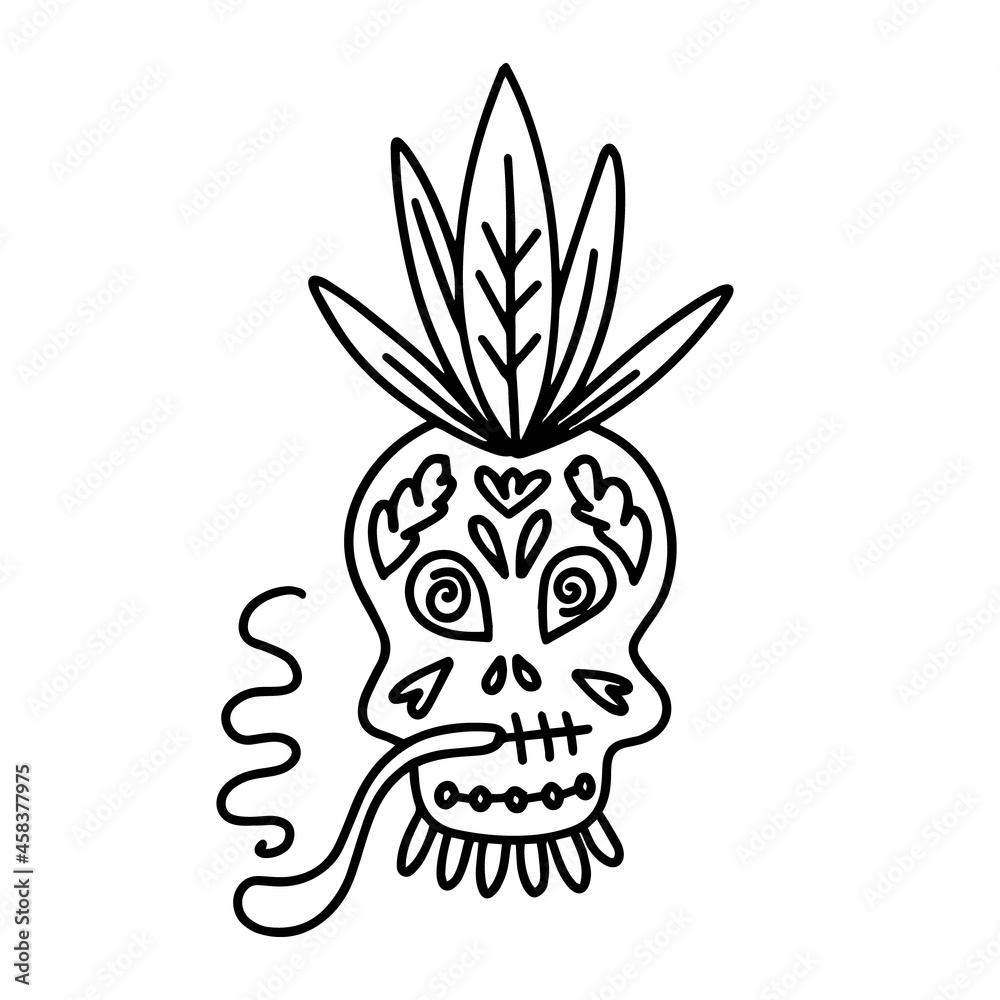 Skull decorated with cross and flowers . Vector Illustration in doodle style. Design for Day of the Dead 