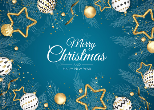 Merry Christmas and Happy New Year. Xmas background with Snowflakes and balls design.