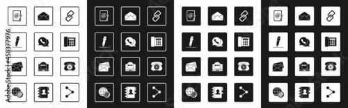 Set Chain link, Telephone with speech bubble chat, Pencil eraser, Mail and e-mail, Envelope, and icon. Vector