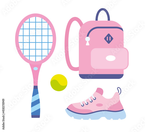 Pink tennis racket with ball, school bag or travel backpack, sneaker shoe, sport fitness equipment isolated flat vector.