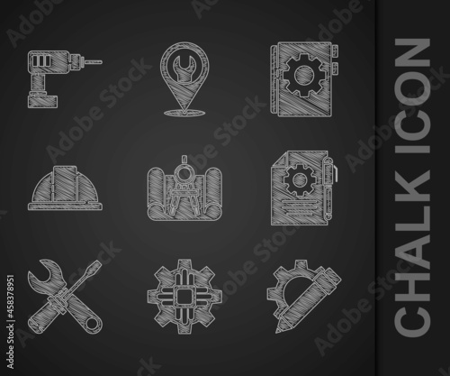 Set Graphing paper and compass, Processor, Pencil gear, Document settings pen, Screwdriver wrench spanner, Worker safety helmet, User manual and Electric drill machine icon. Vector