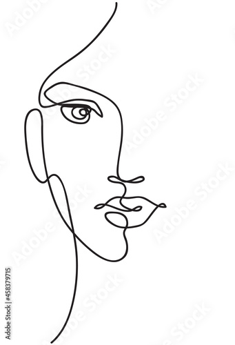Beautyfull girl face. Attractive young woman portrait female beauty concept. Continuous line drawing. Black and white vector illustration
