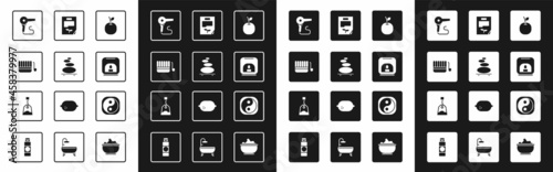 Set Apple, Stack hot stones, Sauna bucket and ladle, Hair dryer, Aroma lamp, Leaf document, Yin Yang and Tea bag icon. Vector