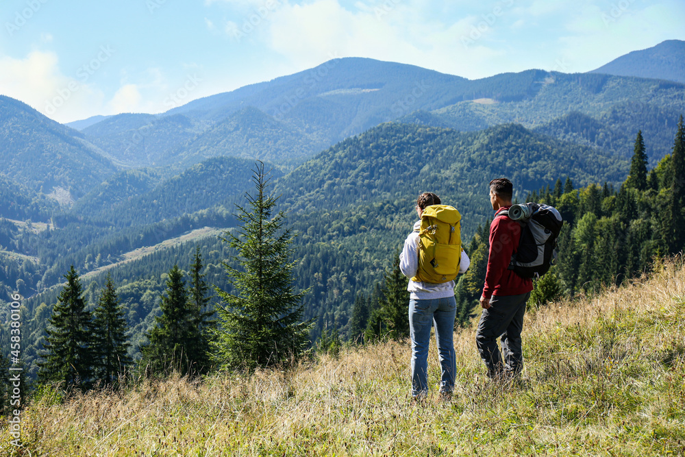 Couple with backpacks enjoying mountain landscape on sunny day