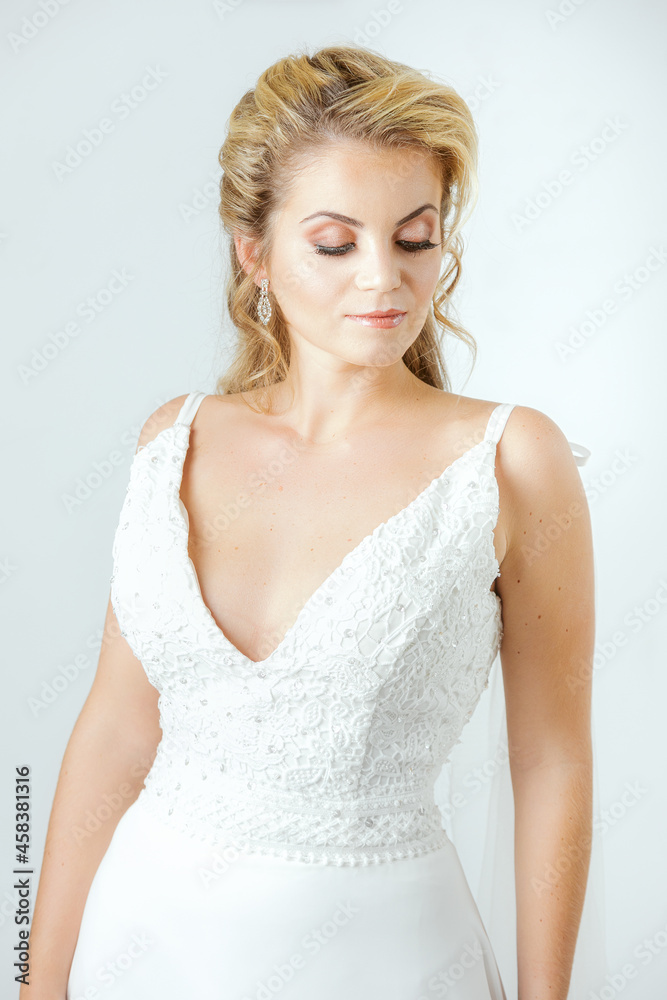 blonde caucasian bride on white dress blonde caucasian bride on white dress