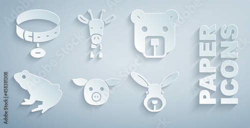Set Pig, Bear head, Frog, Rabbit, Giraffe and Collar with name tag icon. Vector