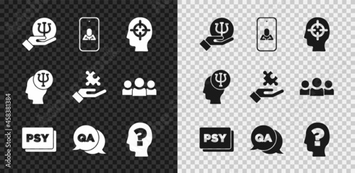 Set Psychology, Psi, Psychologist online, Finding a problem, Question and Answer, Head with question mark, and Solution to the icon. Vector