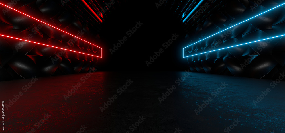 Obraz premium Sci Fy neon lamps in a dark corridor. Reflections on the floor and walls. 3d rendering image.