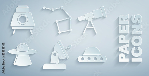 Set Satellite dish, Telescope, UFO flying spaceship, Great Bear constellation and Mars rover icon. Vector