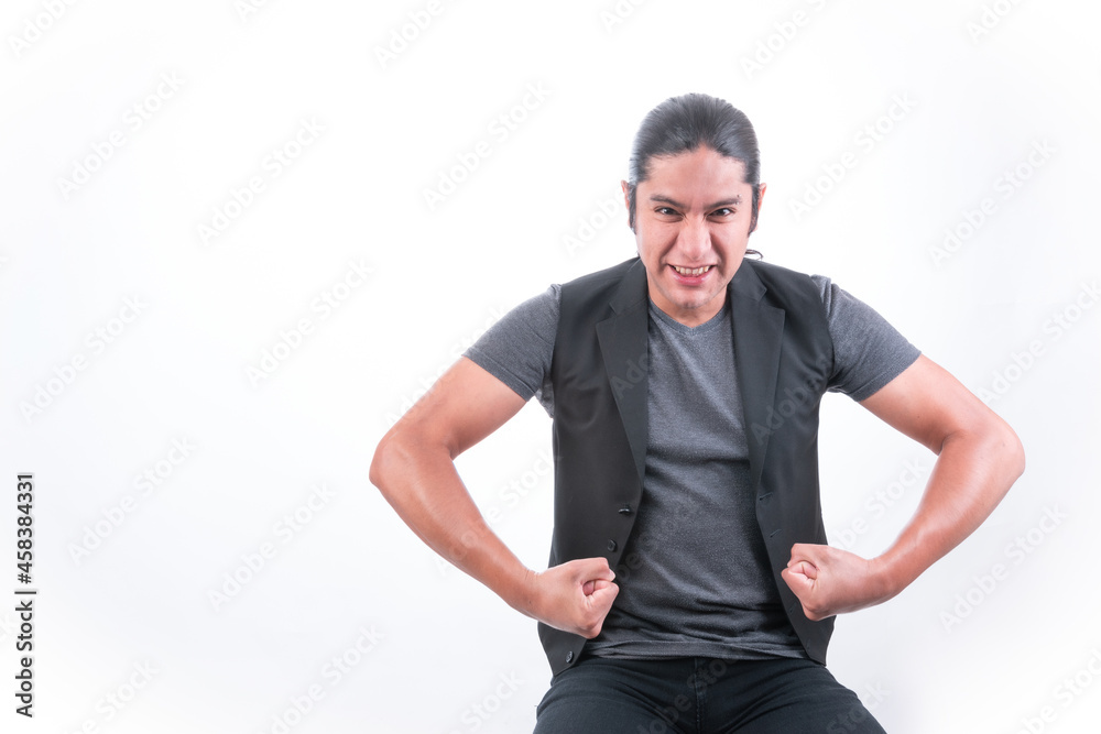 person with white background, man gesturing, shows his arms as a sign of strength person with white background, man gesturing, shows his arms as a sign of strength