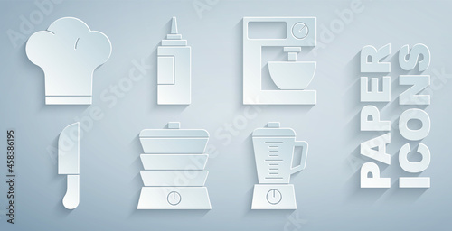 Set Slow cooker, Electric mixer, Knife, Blender, Sauce bottle and Chef hat icon. Vector