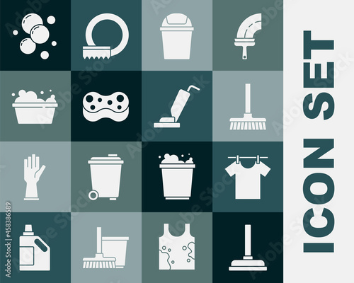 Set Rubber plunger, Drying clothes, Handle broom, Trash can, Sponge, Basin with soap suds, Soap water bubbles and Vacuum cleaner icon. Vector