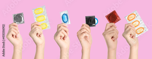 Collage with photos of women holding condoms on pink background, closeup. Banner design