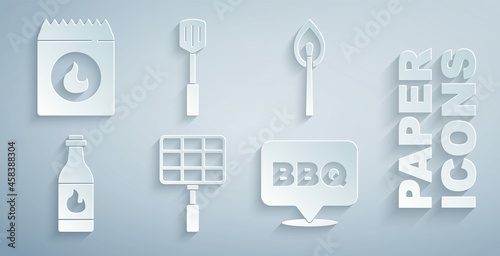 Set Barbecue steel grid, Burning match with fire, Tabasco sauce, spatula and coal bag icon. Vector