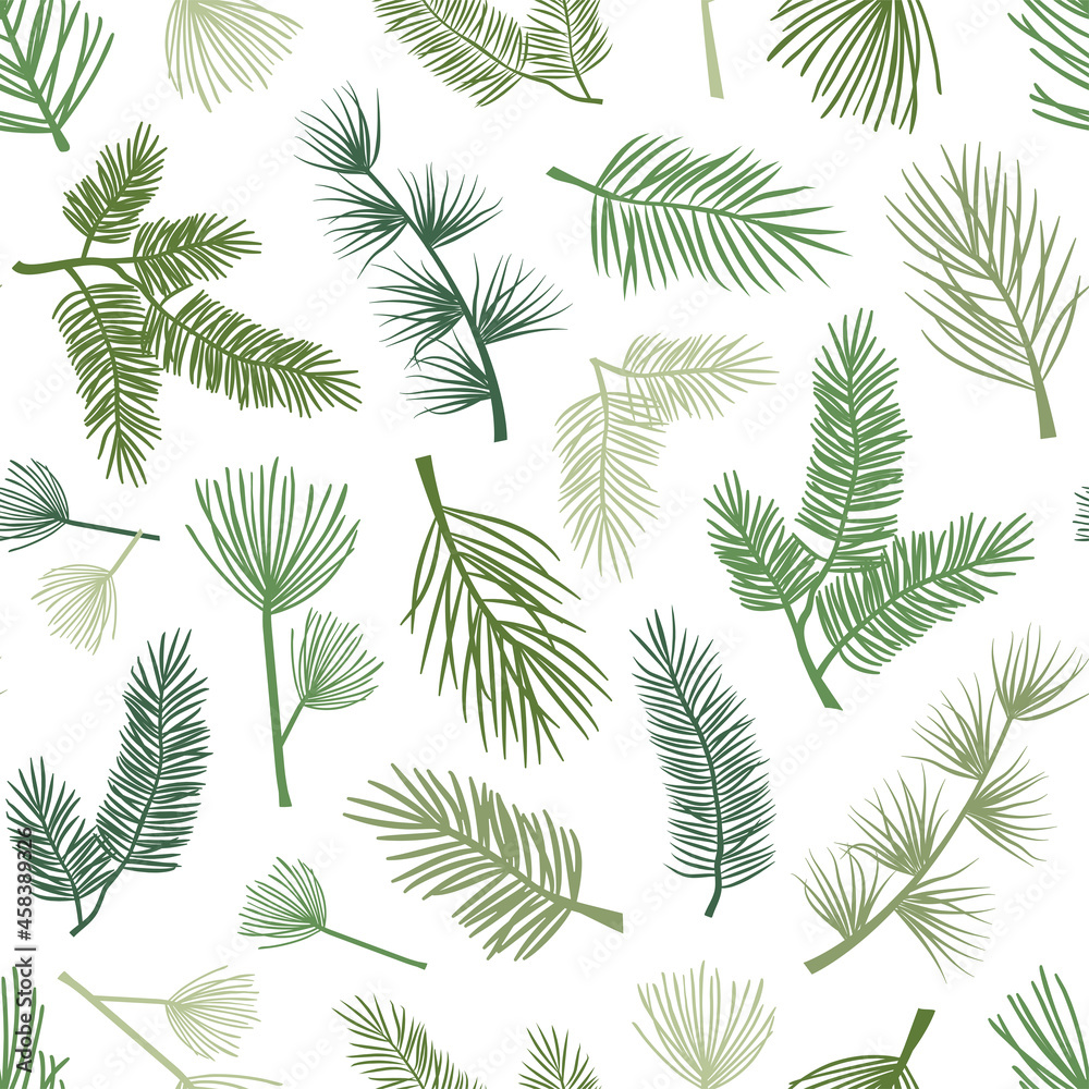 Evergreen plant and tree seamless pattern, background with pine and fir branch, cedar twig, Christmas and New Year decoration, nature print. Hand drawn vector illustration