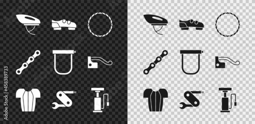 Set Bicycle helmet, shoes, wheel, Cycling t-shirt, Swiss army knife, air pump, chain and lock icon. Vector