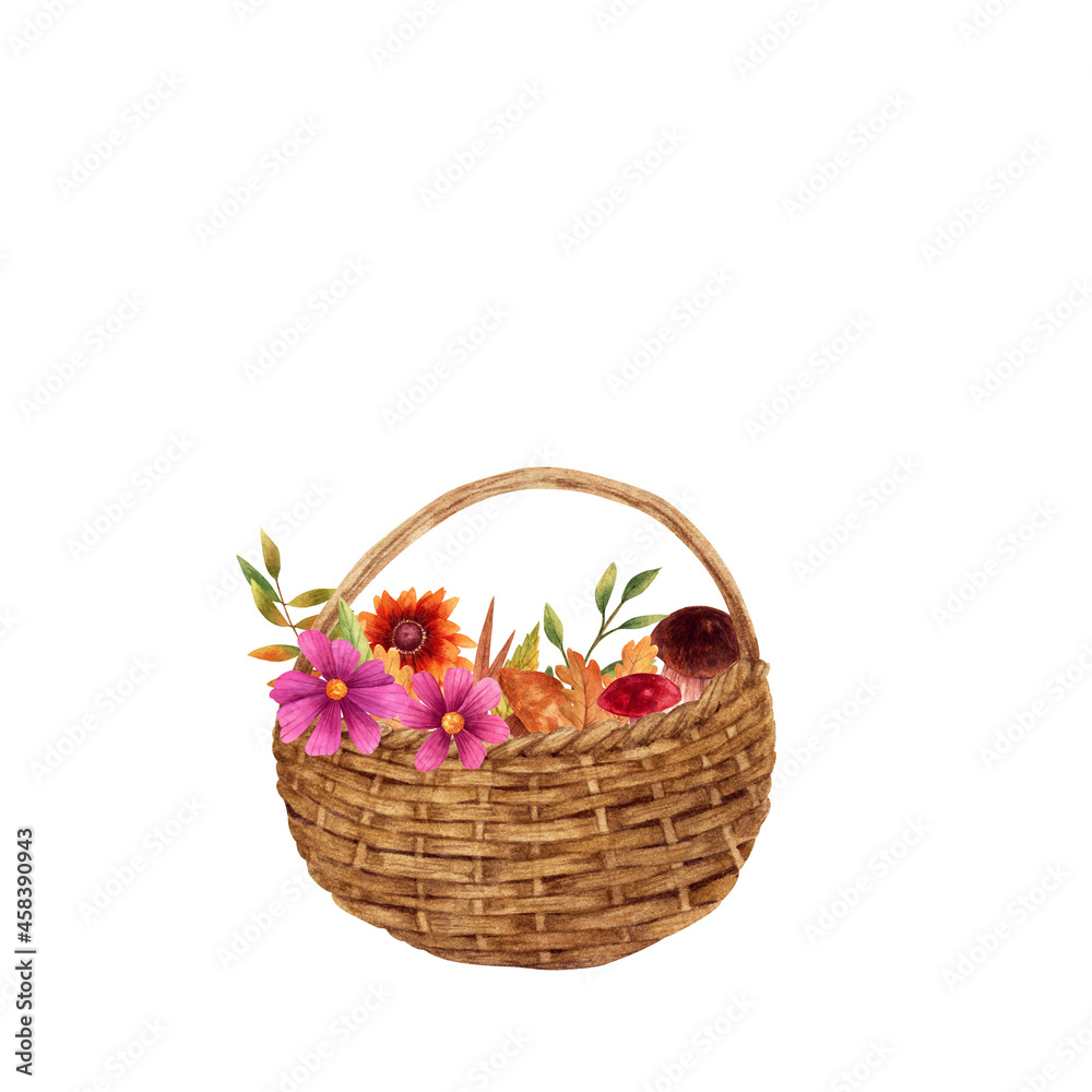 Basket with flowers in watercolor