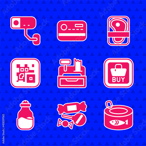 Set Cash register machine, Candy, Canned fish, Buy button, Spice can, QR code, Meat packaging steak and Security camera icon. Vector
