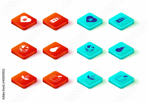Set Leaf or leaves, Bell pepper, Earth globe and leaf, Pear, Organic cosmetic and Vegan food diet icon. Vector