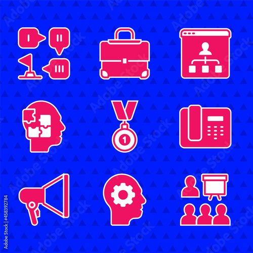 Set Medal, Human head with gear inside, Training, presentation, Telephone 24 hours support, Megaphone, Head puzzles strategy, Online education and Planning icon. Vector