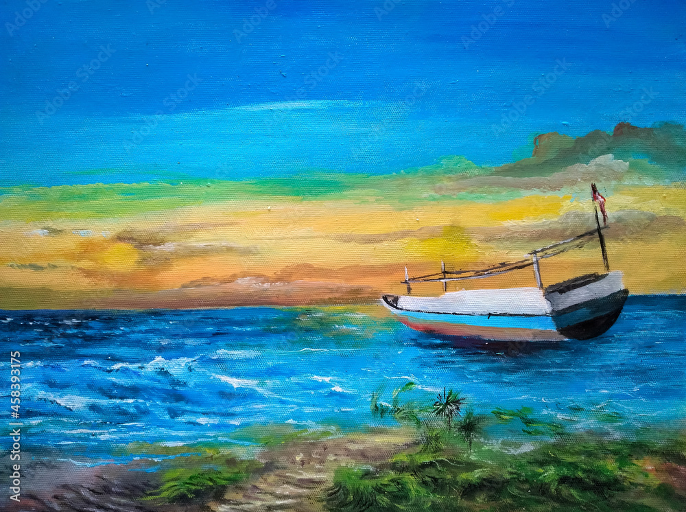 wave season arrives. painting fishing boat anchored not going to sea because of the waves
