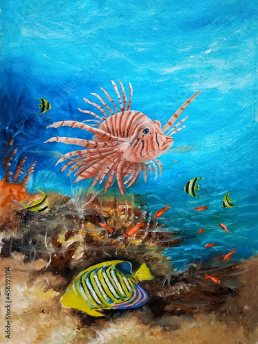 coral reef with fish.painting fish under the sea using acrylic paint