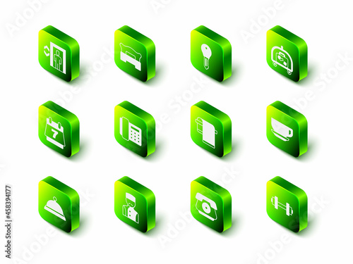 Set Bedroom, Hotel door lock key, luggage cart, Coffee cup, Dumbbell, Towel on hanger, Telephone handset and Concierge icon. Vector