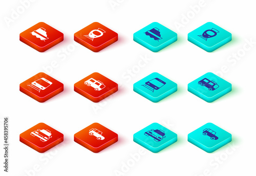 Set Taxi car, Off road, Train and railway, Bus, Tram and Cruise ship icon. Vector