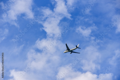 Passenger plane is flying far away against the blue summer sky with clouds