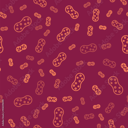 Brown line Sponge with bubbles icon isolated seamless pattern on red background. Wisp of bast for washing dishes. Cleaning service logo. Vector