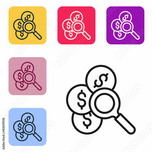 Black line Search for money icon isolated on white background. Set icons in color square buttons. Vector