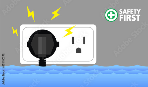 Flood area , power outlet short circuit due to flood, Natural disaster with house, Heavy rain and storm .