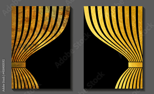 Set of vector gold texture with curtain on the black background. Grey gradient colors. Cover. Wedding invitation design. Golden vector illustration for poster, banner, flyer, mobile app.