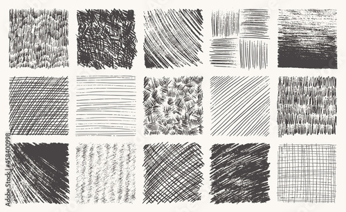 Sketch pencil texture set. Pen hatch effect, black scribble chalk, grunge freehand vector. Handmade pencil lines, strokes, doodles and scratches. photo