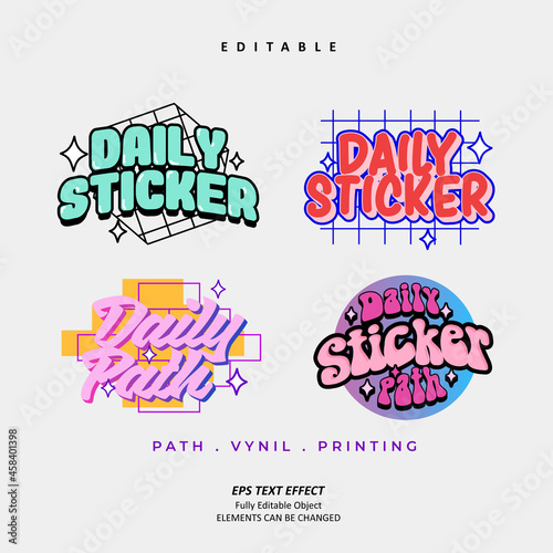 Memphis style Daily Sticker Path Vynil Printing text effect editable premium vector