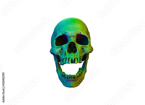 A human skull with a wide-open mouth on saturated colors on a white background. Image for printing. The concept of death, horror. Spooky Halloween symbol, virus.  3d render illustration.