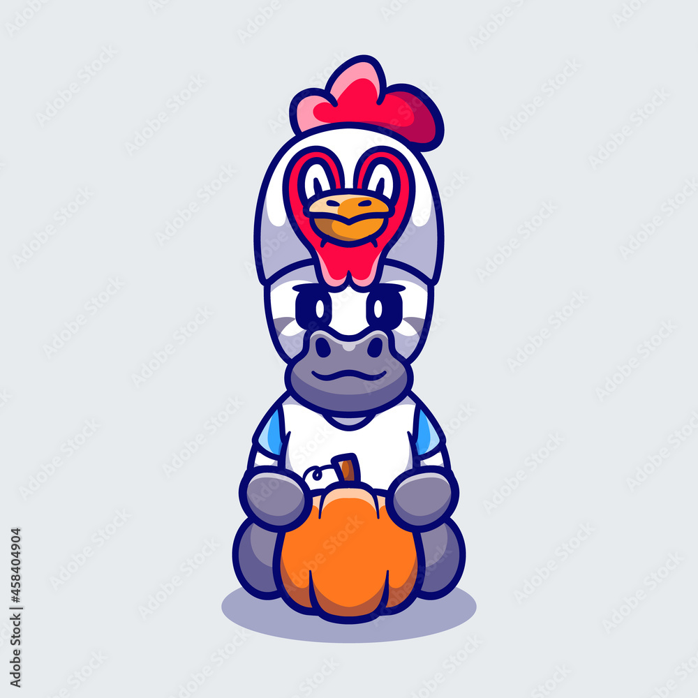 Obraz premium cute thanksgiving zebra carrying a pumpkin and wearing a chicken hat
