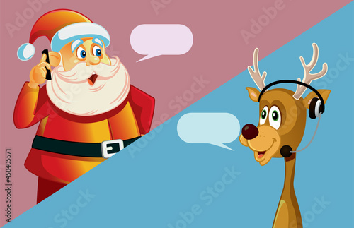Santa Claus Calling his Reindeer Making Christmas Plans Vector Illustration