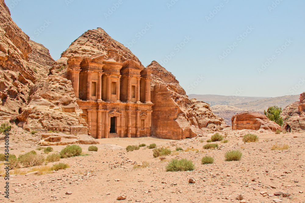 View of monastery in Petra Jordan Middle East. No people, copy space.