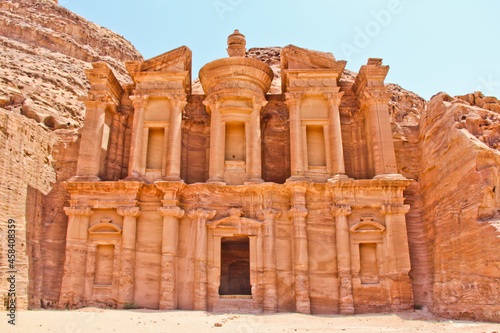 View of monastery in Petra Jordan Middle East. No people.