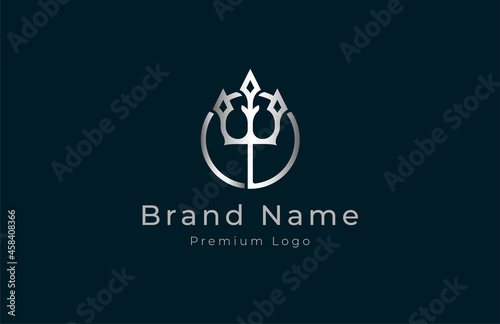 Trident Logo, silver trident in circle design logo, vector illustration