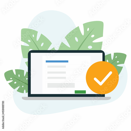 Received form online submission, request laptop computer, check mark, decorated with leaves