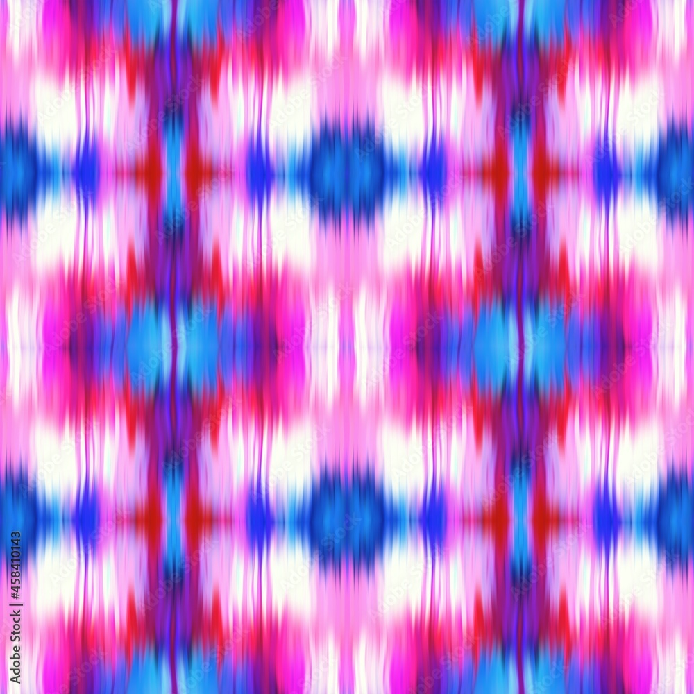 Optical tie dye kaleidoscope blur texture background. Seamless washed out symmetry ombre effect. 80s style retro geometric mirror pattern. High resolution funky beach wear fashion textile