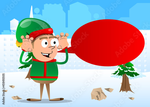 Christmas Elf is trying to scare you. Vector cartoon character illustration of Santa Claus's little worker, helper.