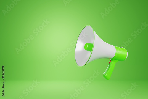 Realistic whiteand green megaphone or bullhorn speaker Isolated modern megaphone speaker on green background - 3D rendering. © WIROT