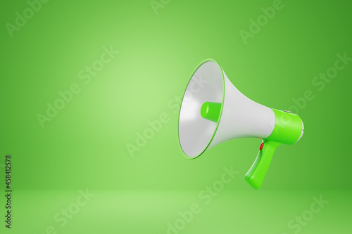 Realistic whiteand green megaphone or bullhorn speaker Isolated modern megaphone speaker on green background - 3D rendering. photo