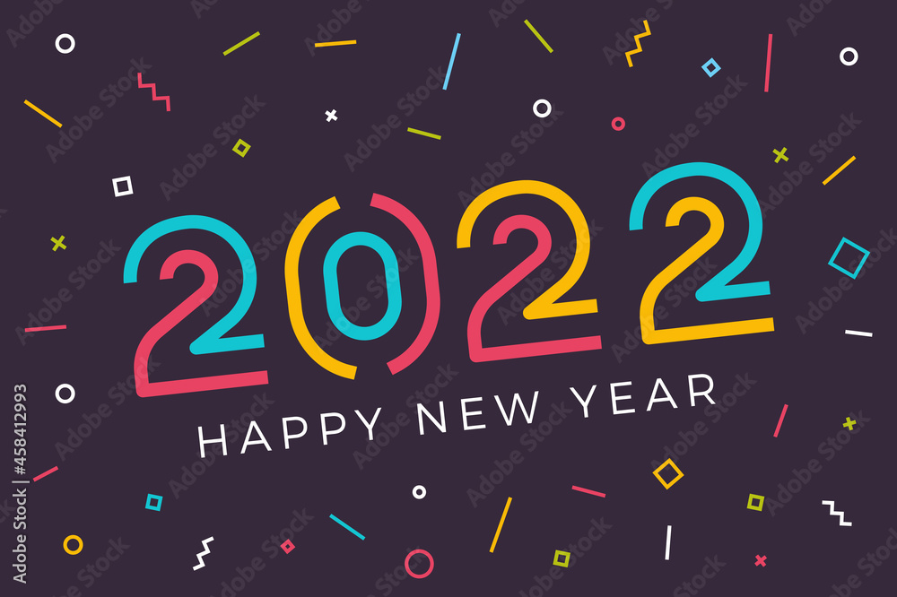 Vector Happy new year 2022 background with retro geometric colorful text and explosion of geometric shapes. For seasonal holiday web banners, flyers and festive posters - obrazy, fototapety, plakaty 