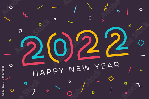 Vector Happy new year 2022 background with retro geometric colorful text and explosion of geometric shapes. For seasonal holiday web banners, flyers and festive posters