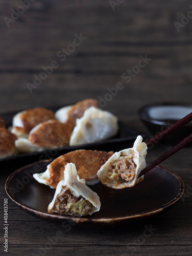 Close up vegetarian gyoza on dark background with copy space. Chinese Dumplings rustic shot on wooden background. Fake meat dumplings.