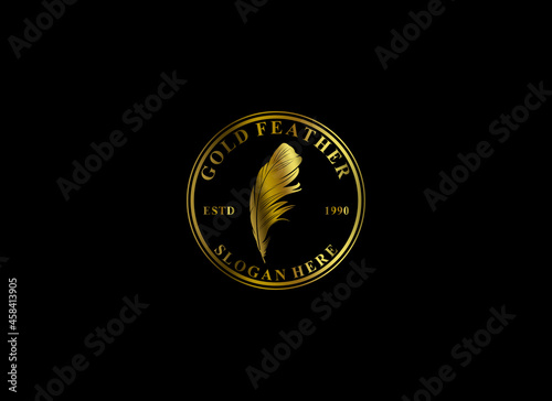 gold feather logo design with black background and using gold color